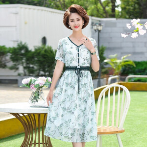 俞兆林中老年人女装妈妈装夏装雪纺印花连衣裙装衣服女AM20099 橘色 XXXL