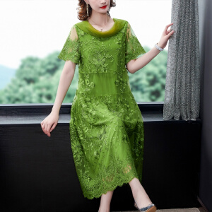 2020新款重工刺绣中长款过膝宴会礼服裙连衣裙女 绿色 3XL(建议135-145斤)