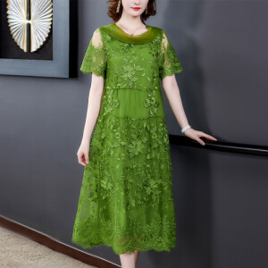 2020新款重工刺绣中长款过膝宴会礼服裙连衣裙女 绿色 3XL(建议135-145斤)
