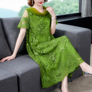 2020新款重工刺绣中长款过膝宴会礼服裙连衣裙女 绿色 3XL(建议135-145斤)