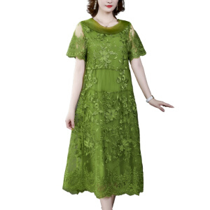 2020新款重工刺绣中长款过膝宴会礼服裙连衣裙女 绿色 3XL(建议135-145斤)